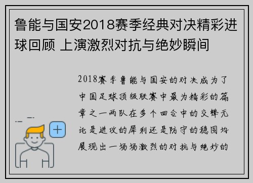 鲁能与国安2018赛季经典对决精彩进球回顾 上演激烈对抗与绝妙瞬间